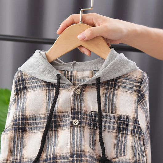 Conjunto de Abrigo Cuadriculado con Capucha, Camisa de Manga Larga y Sudadera para Niños - Image 9