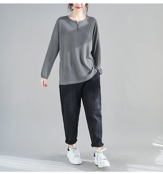 Blusa Suelta y Entallada Talla Grande Cuello Redondo Color Liso - Image 12