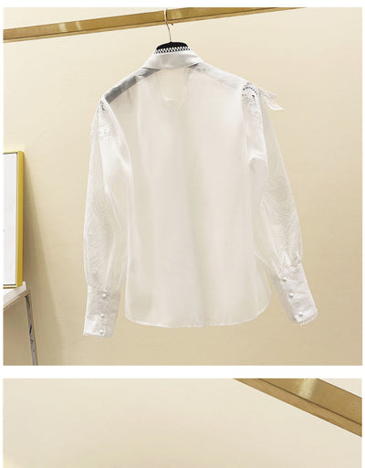 Blusa Blanca Elegante con Cuello Alzado, Encaje y Detalles Bordados - Image 10