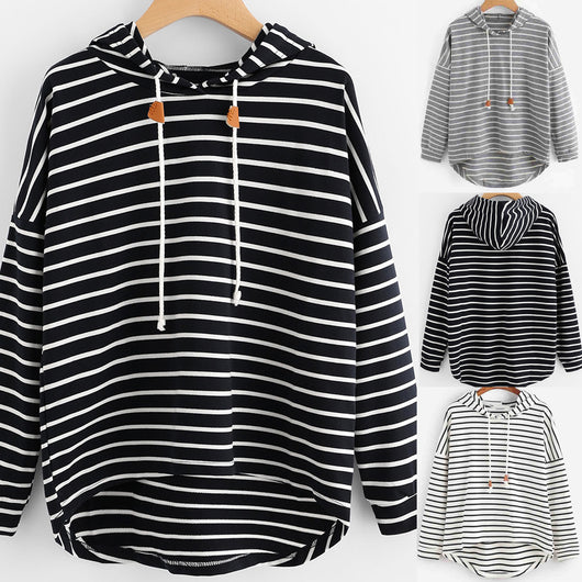 Sudadera Hoodie Suelta a Rayas Blanco y Negro
