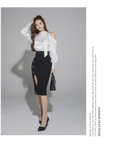 Blusa Suelta de Seda con Falda Slim de Cintura Alta - Image 11