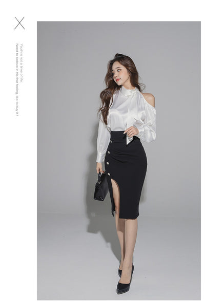 Blusa Suelta de Seda con Falda Slim de Cintura Alta - Image 13