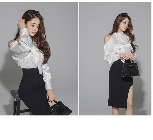 Blusa Suelta de Seda con Falda Slim de Cintura Alta - Image 17