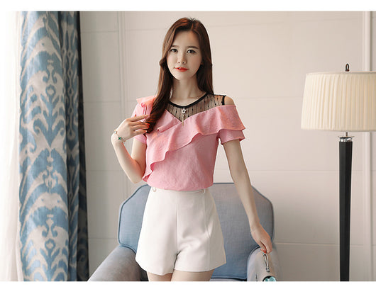 Blusa Chifón Manga Corta con Malla y Volantes - Image 17