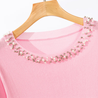 Blusa Suelta de Cuello Redondo con Cuentas en Colores Sólidos - Image 12