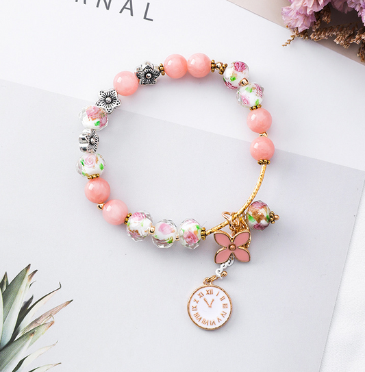 Pulsera Cristal Floral Retro - Diseño Étnico con Hoja y Reloj