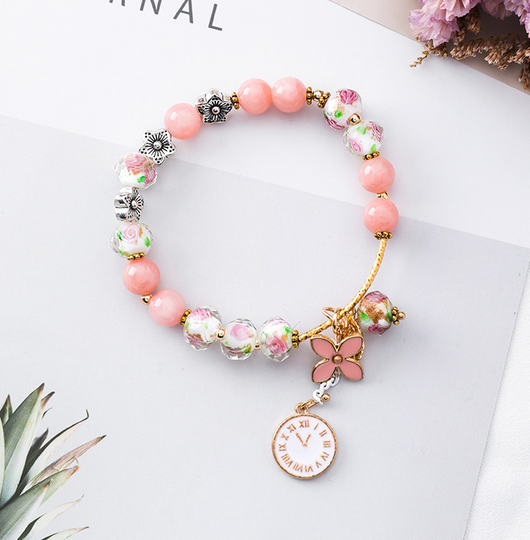 Pulsera Cristal Floral Retro - Diseño Étnico con Hoja y Reloj