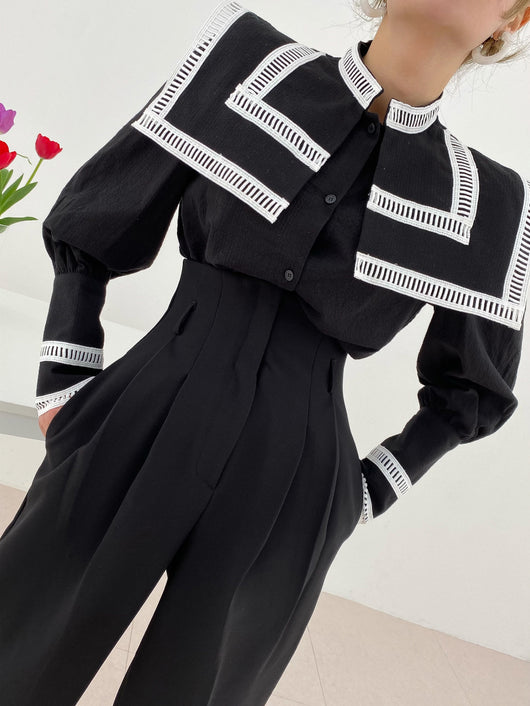 Blusa Suelta con Solapa Grande y Detalles de Contraste - Image 12