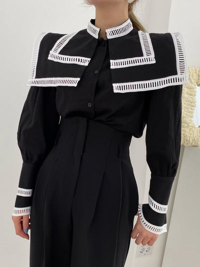 Blusa Suelta con Solapa Grande y Detalles de Contraste - Image 13