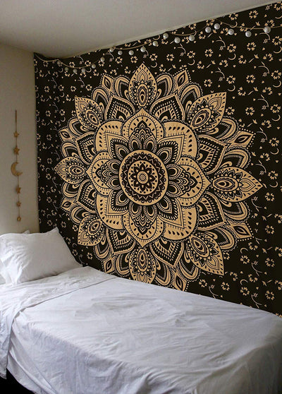 Navy blue tapestry with a large gold mandala pattern and smaller gold floral designs, made of polyester. - Image 6
