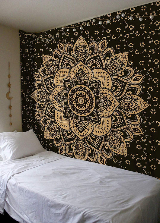 Navy blue tapestry with a large gold mandala pattern and smaller gold floral designs, made of polyester. - Image 6