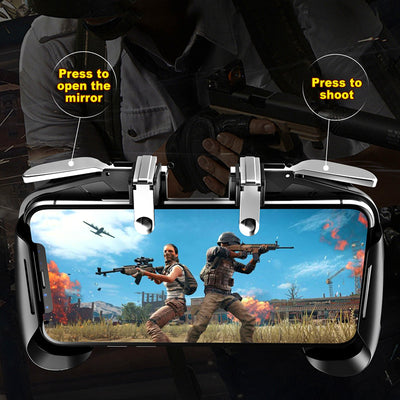 Red and blue mobile game handle with shoulder triggers, holding a smartphone displaying a first-person shooter game. - Image 2