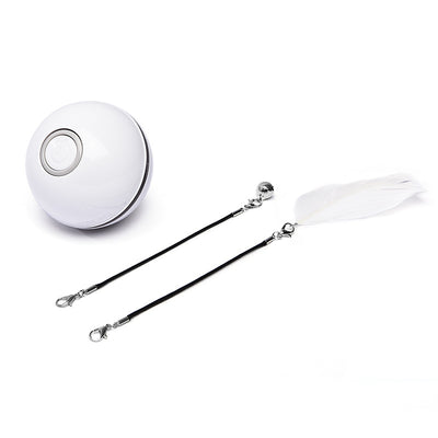 Pink automatic cat toy ball with a power button, shown with detachable feather and bell accessories. - Image 10