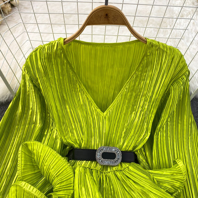 Blusa Suelta con Cuello V, Mangas Largas y Volantes en Bajo - Image 48
