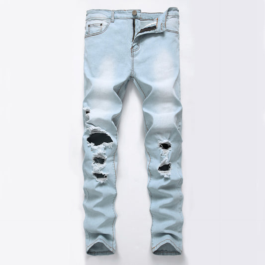 Jeans Slim Fit Azul y Blanco con Diseño de Agujeros Grandes - Importación