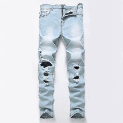 Jeans Slim Fit Azul y Blanco con Diseño de Agujeros Grandes - Importación