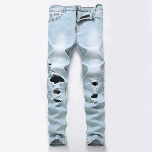 Jeans Slim Fit Azul y Blanco con Diseño de Agujeros Grandes - Importación