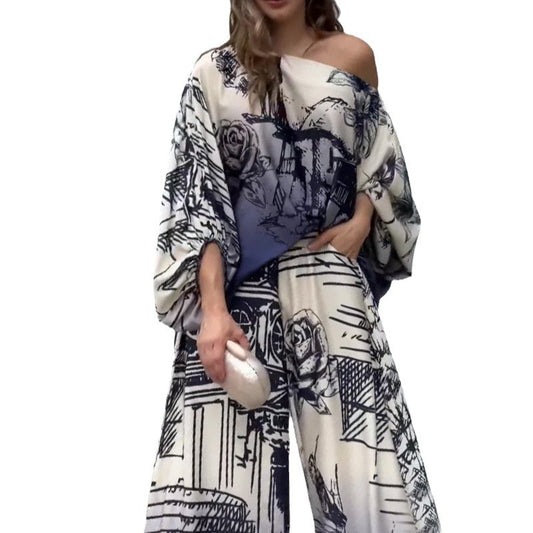 Conjunto Otoñal Estampado: Blusa Manga Larga Tipo Murciélago con Pantalón Ancho - Image 2