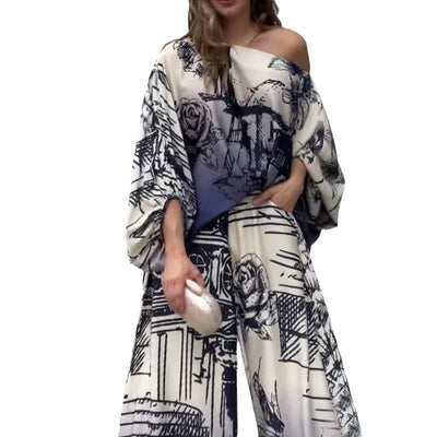 Conjunto Otoñal Estampado: Blusa Manga Larga Tipo Murciélago con Pantalón Ancho - Image 2