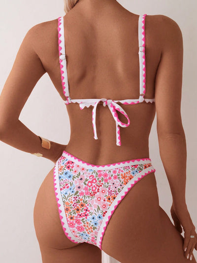 Women's floral print bikini with square neck top and high-cut bottoms, featuring white trim and pink ric-rac edges. - Image 6