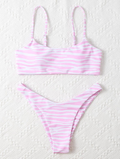 Tan and white zebra stripe two-piece bikini with a bandeau top and high-cut bottom, laid flat. - Image 3