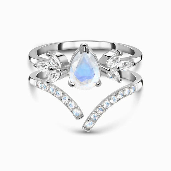 Anillo de Plata con Gota de Agua y Doble Capa de Diamantes para Mujer