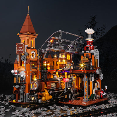 Maqueta de Estación de Tren Steampunk con Bloques de Construcción y Luz LED