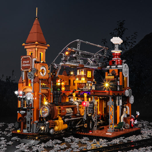 Maqueta de Estación de Tren Steampunk con Bloques de Construcción y Luz LED