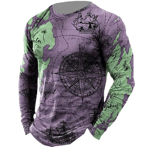 Camiseta Masculina Manga Longa Gola Redonda Solta Bússola Náutica Navegador