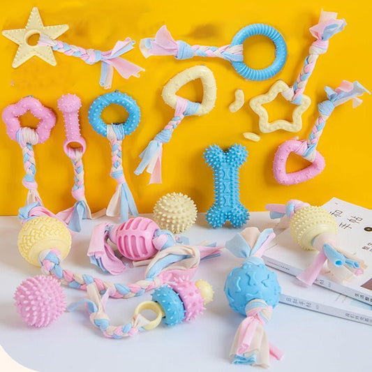 Three colorful fish skeleton dog toys in blue, green, and pink, measuring 13cm long and 5cm wide.