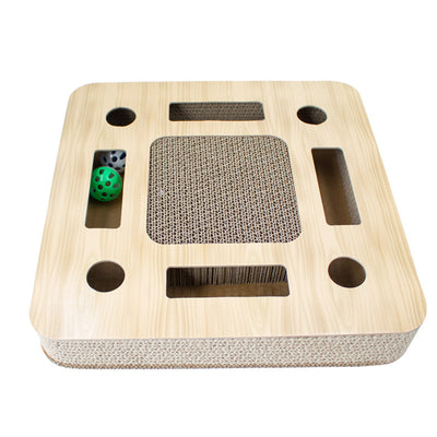 Round corrugated cardboard cat scratcher with a central scratching pad and multiple holes containing colorful balls. - Image 2