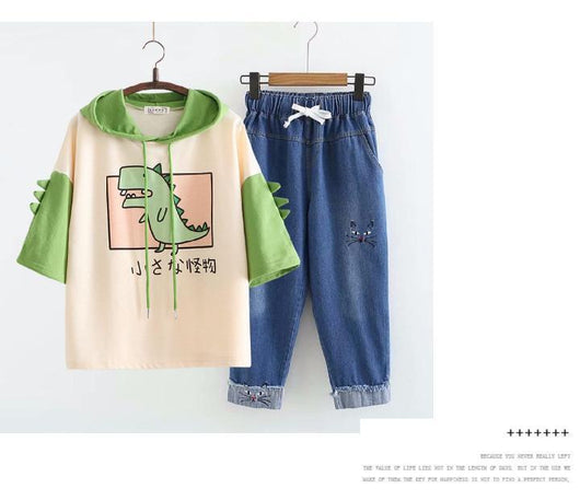 Conjunto Casual de Dos Piezas: Sudadera con Capucha y Pantalón Denim Cropped - Image 11