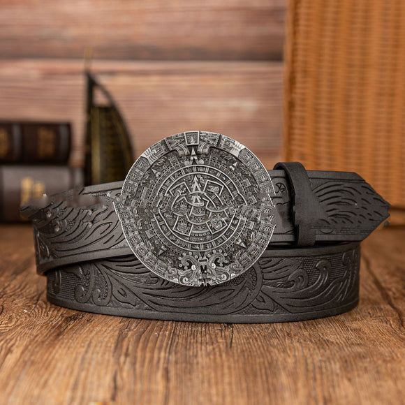 Cinturón de Cuero PU con Hebilla Calendario Azteca - Estilo Retro