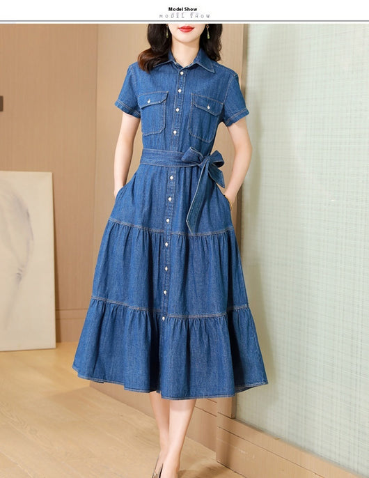Vestido Camisero de Algodón con Falda Larga y Detalle Denim - Image 14