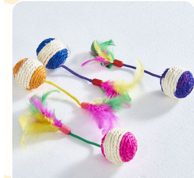 Four sisal ball cat toys with colorful feathers in pink, purple, blue, and teal stripes, for playing and grinding claws. - Image 3