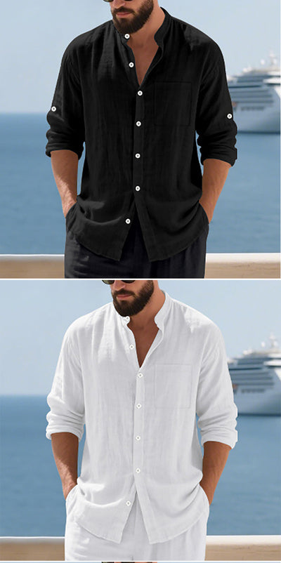 Camisa de Lino Transpirable para Hombre con Cuello Mao y Manga Larga - Image 15