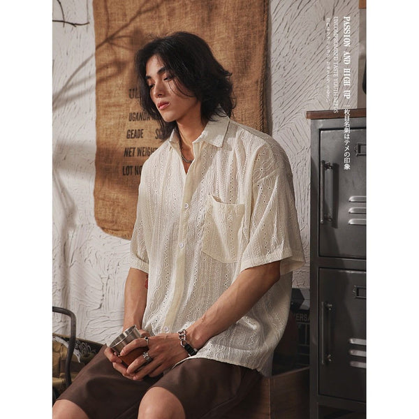 Camisa Retro de Diseño Calado Manga Corta para Hombre