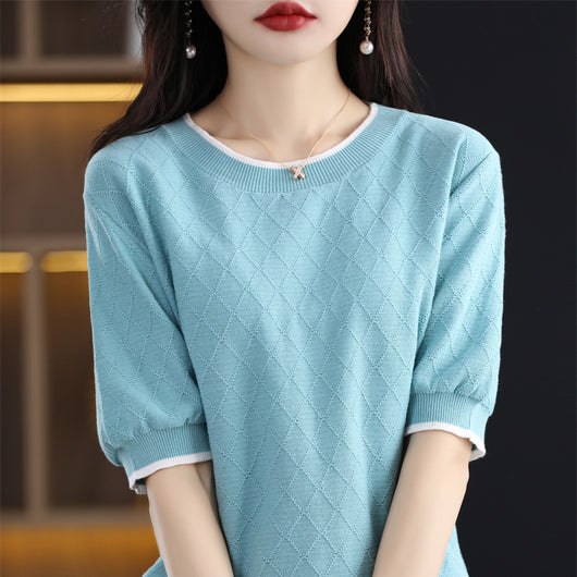 Blusa Tejida de Algodón 100% Manga Corta Suelta Efecto Reductor para Mujer