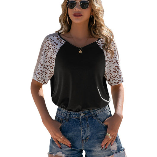 Playera Suelta con Estampado de Leopardo y Paneles - Cuello en V - Image 6
