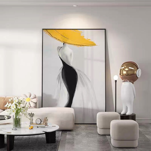 Cuadro Abstracto Mujer Moderna Sombrero Amarillo - Arte Óleo Nórdico Lujo para Sala - Image 3