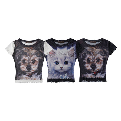 Playera Corta Diseño Americano con Estampado de Gato para Mujer - Image 6