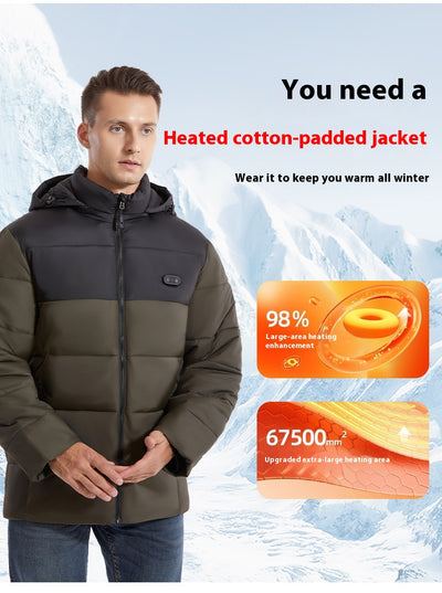 Man and woman modeling black smart heating puffer jackets with hoods, zippered pockets, and horizontal quilting. - Image 12