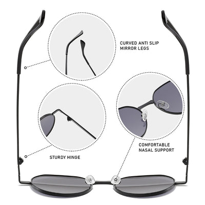 Round metal sunglasses with silver frames and dark gray lenses, featuring black temple tips, on a white background. - Image 3