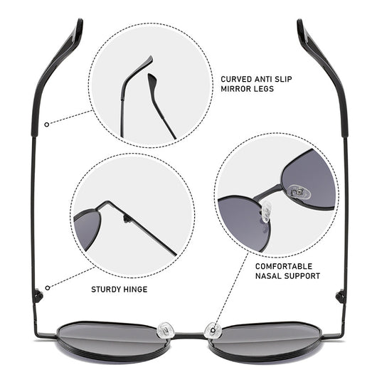 Round metal sunglasses with silver frames and dark gray lenses, featuring black temple tips, on a white background. - Image 3