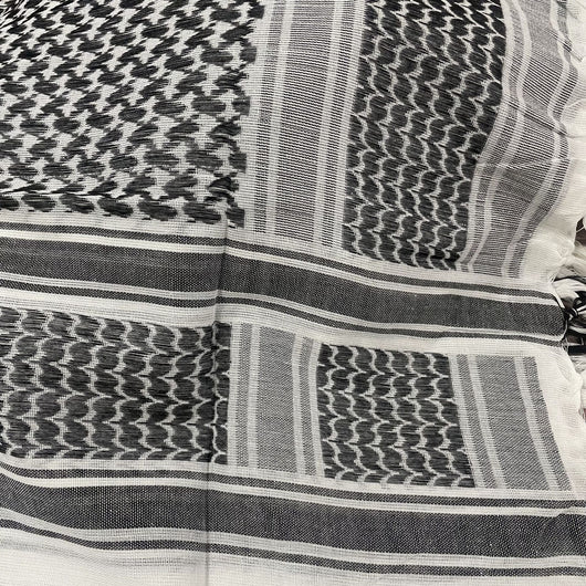 Black and grey patterned shemagh scarf made of 100% cotton, featuring geometric designs and tassels. - Image 29