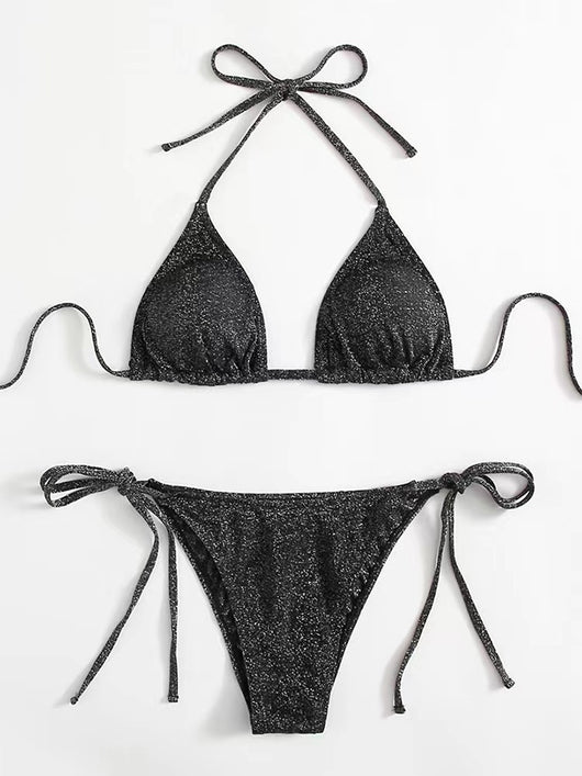 Shimmery blue two-piece bikini swimsuit with a triangle halter top and matching tie-side brief bottoms. - Image 7