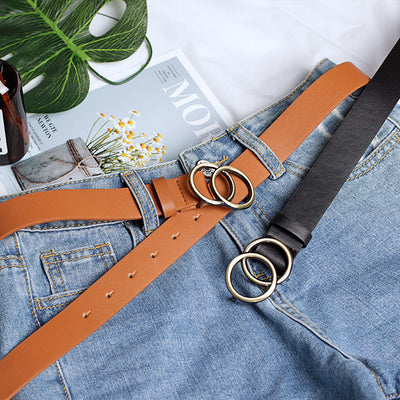 Camel imitation leather women's casual belt with a double round gold-tone buckle and a single belt loop. - Image 6
