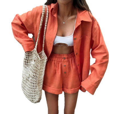 Conjunto Vintage de Camisa y Shorts Lisos Estilo Francés para Mujer - Image 5