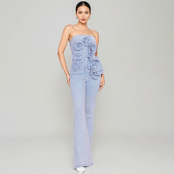 Jumpsuit Elegante de Cintura Alta con Flores 3D y Escote Tubo