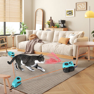 Blue and black cat weight loss remote control sound toy with string and feather, shown with a tabby cat playing.